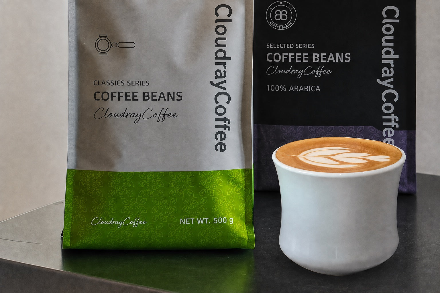 CloudrayCoffee coffee bags beside a freshly prepared latte