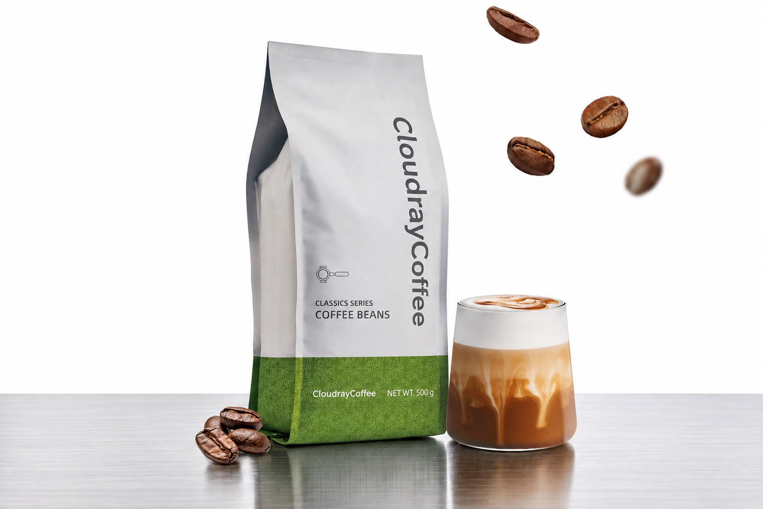 CloudrayCoffee Classics Series coffee beans with a latte