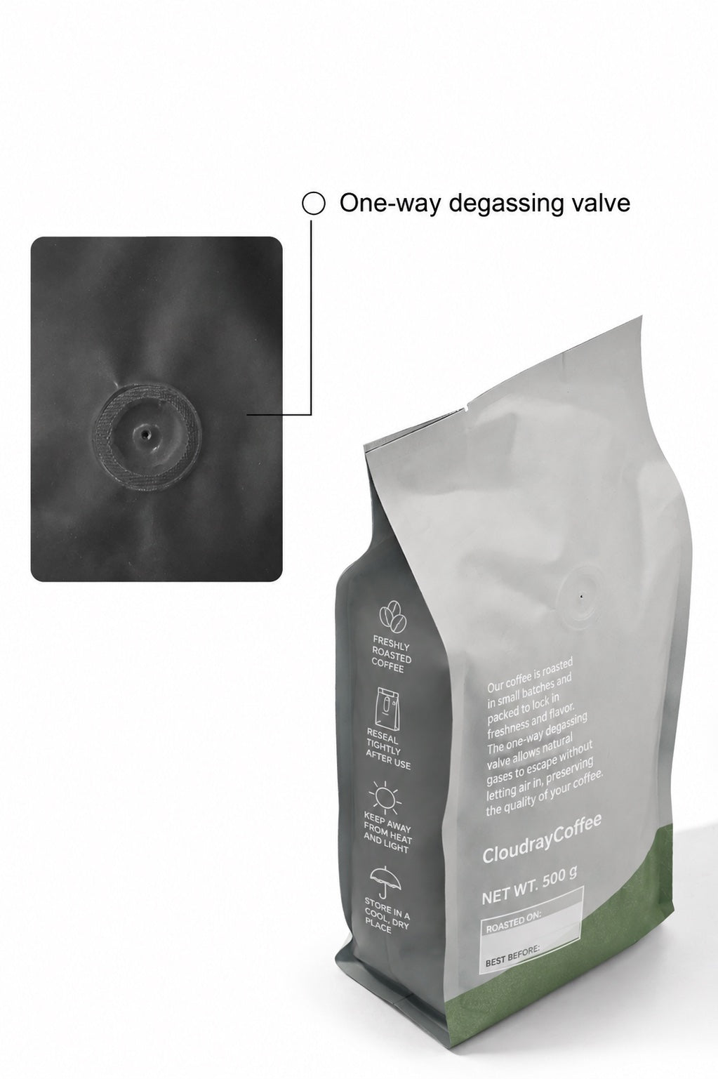 CloudrayCoffee bag with a close-up of its one-way degassing valve