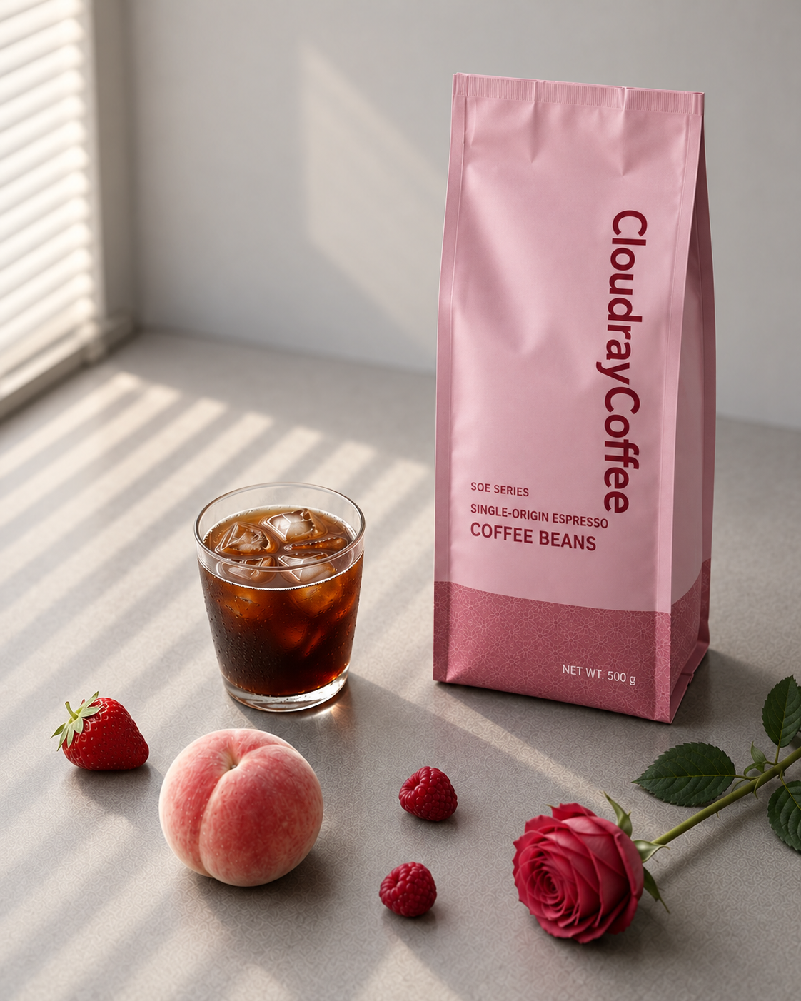 CloudrayCoffee Huakui SOE with iced coffee, strawberry, peach, berries and a rose