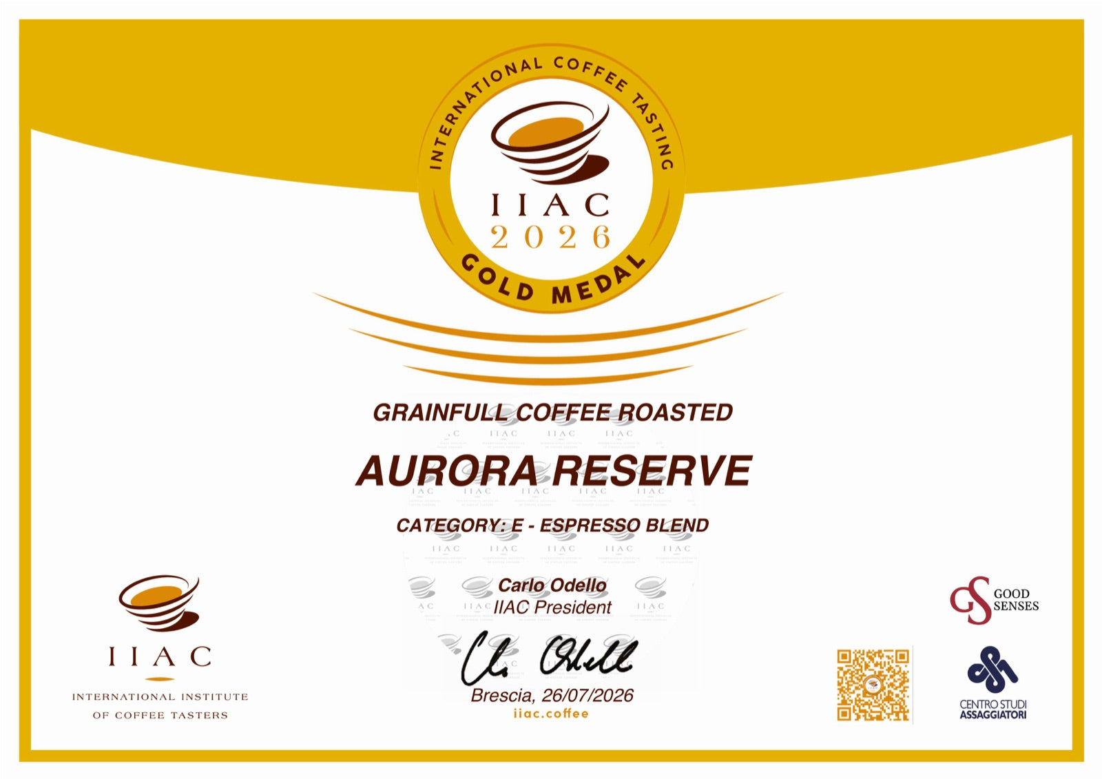 IIAC Gold Medal certificate for Aurora Reserve