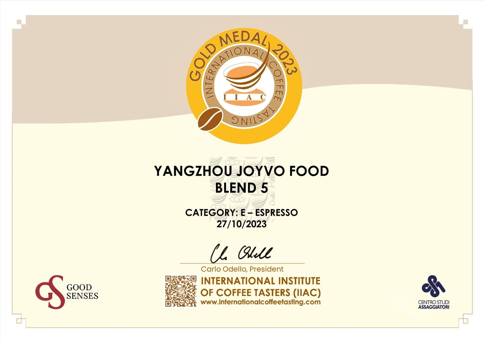 IIAC Gold Medal certificate for Blend 5