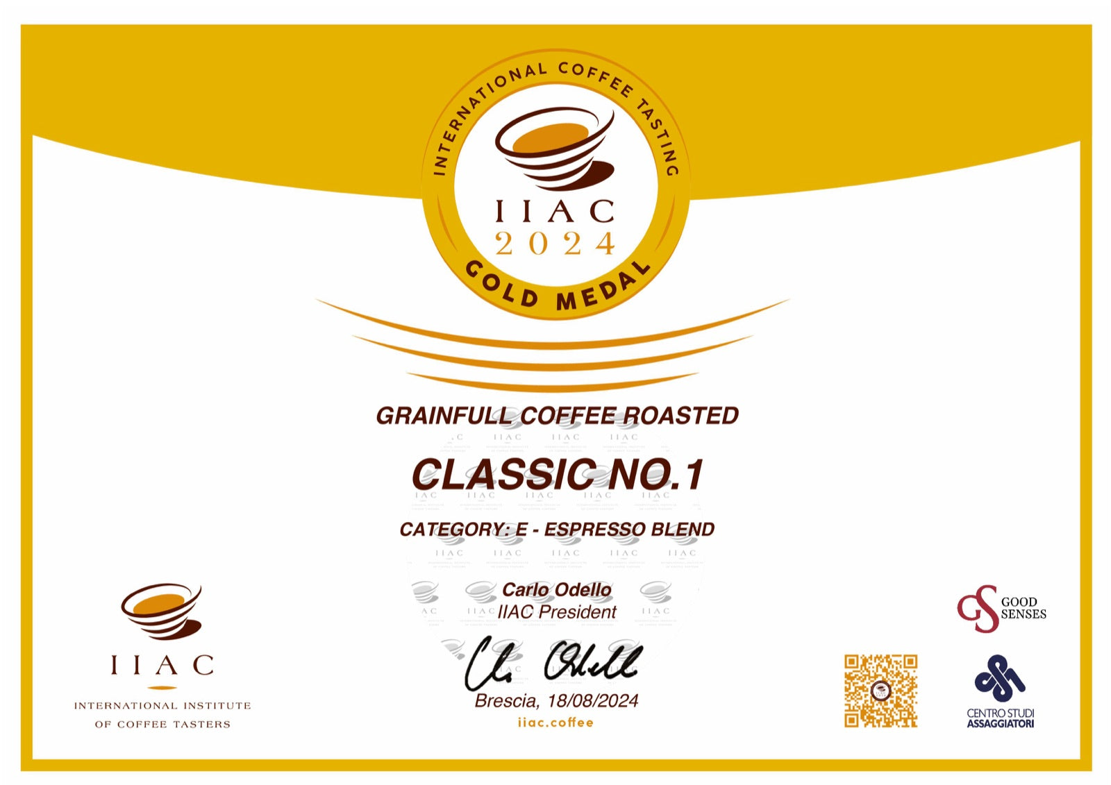 IIAC Gold Medal certificate for Classic No. 1