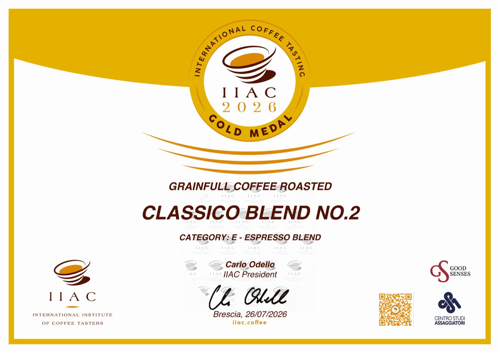 IIAC Gold Medal certificate for Classico Blend No. 2