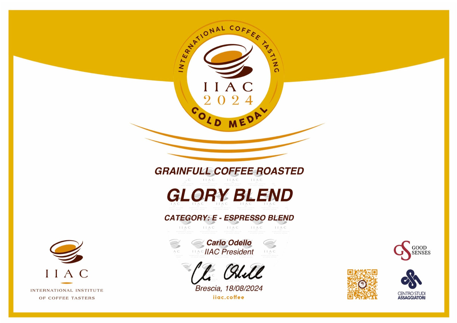IIAC Gold Medal certificate for Glory Blend