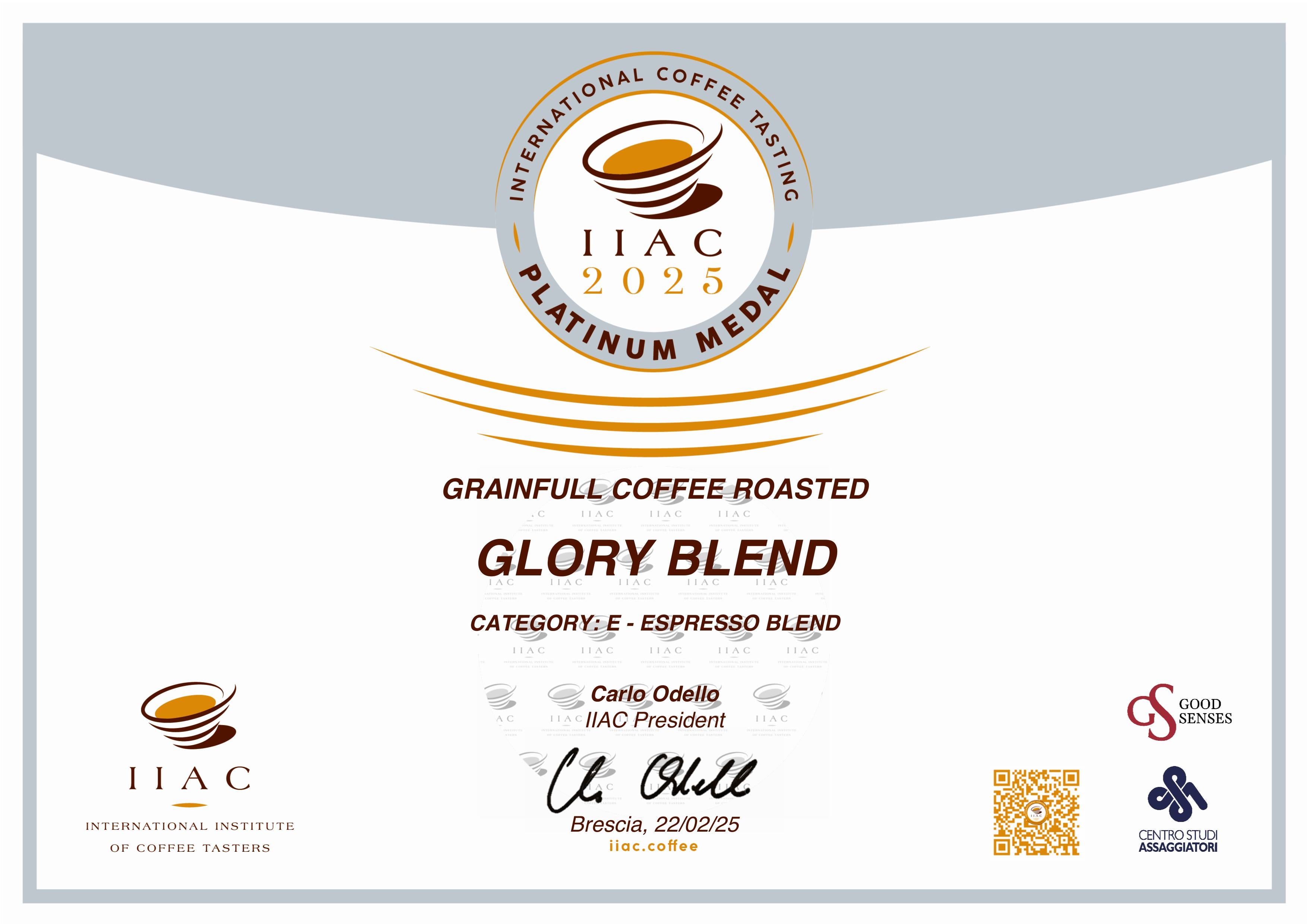 IIAC Platinum Medal certificate for Glory Blend