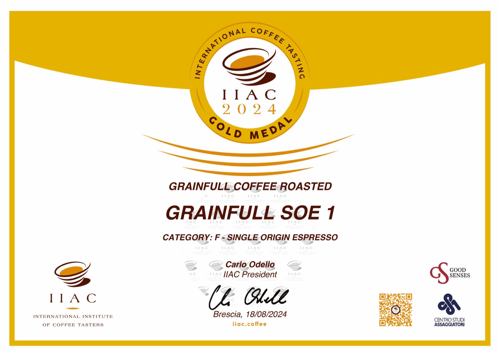 IIAC Gold Medal certificate for Grainfull SOE 1