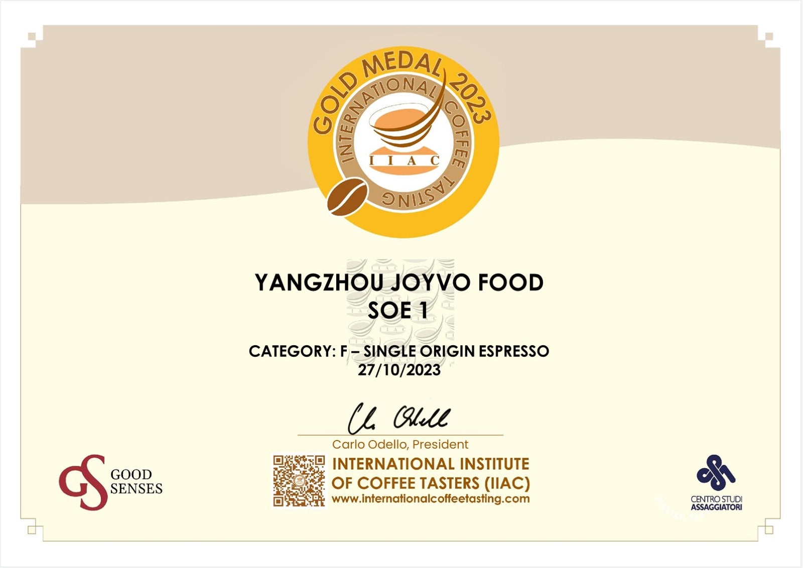 IIAC Gold Medal certificate for SOE 1