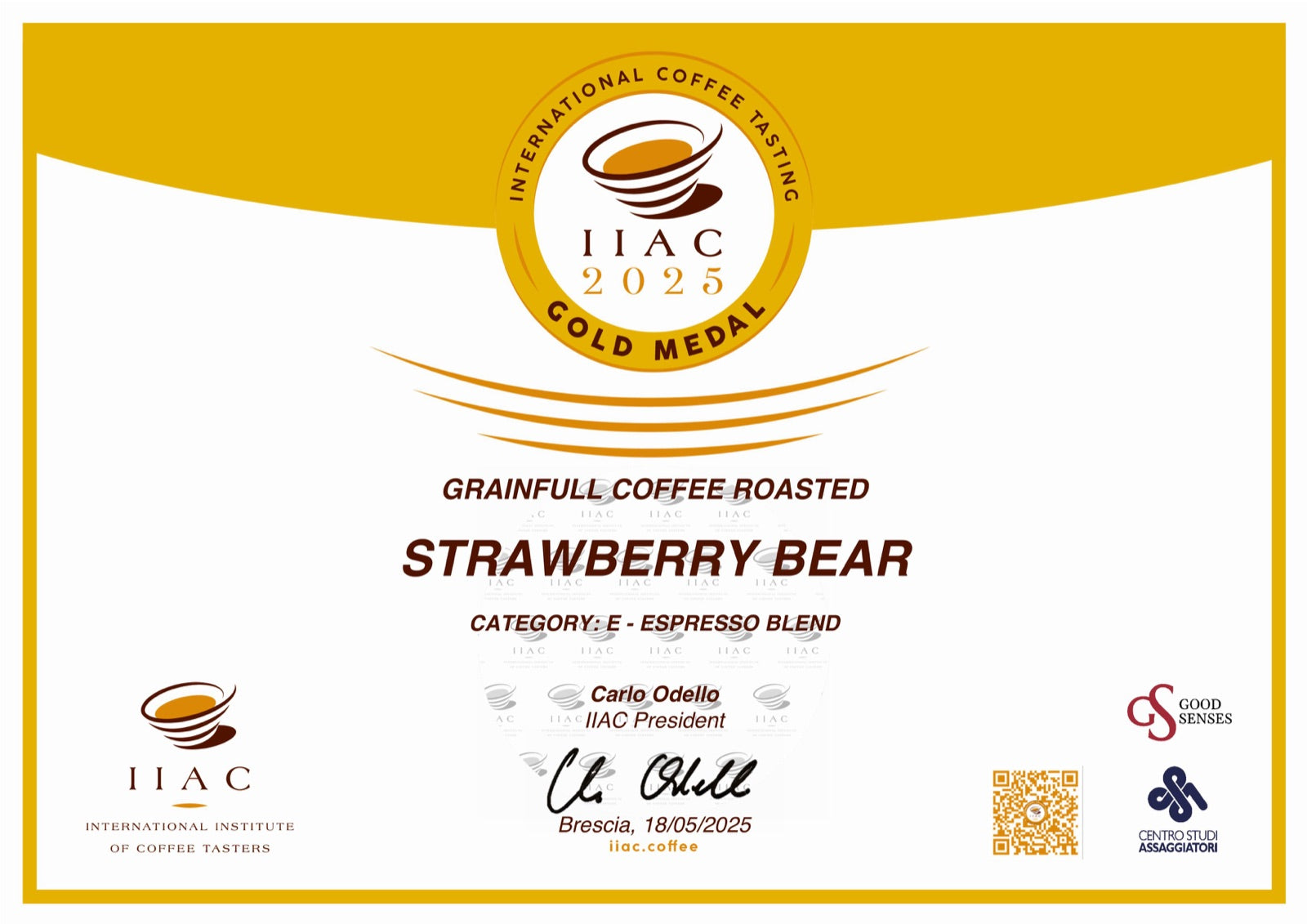 IIAC Gold Medal certificate for Strawberry Bear