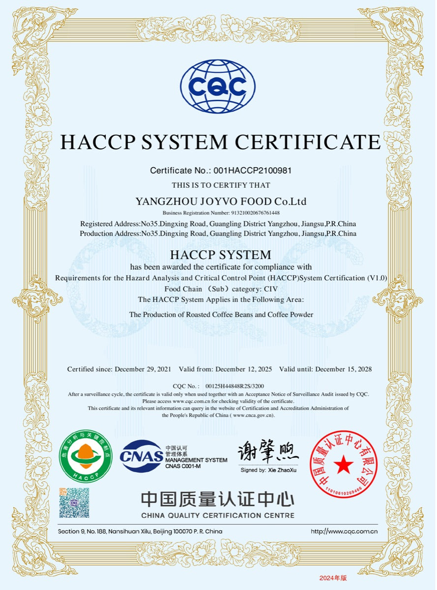 HACCP system certificate for Yangzhou Joyvo Food