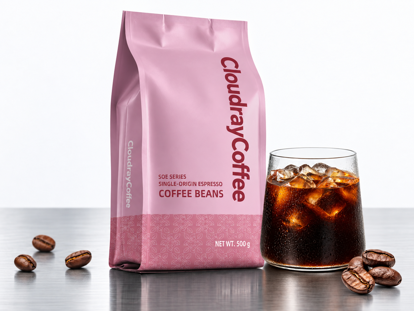 CloudrayCoffee pink SOE coffee bag with iced black coffee