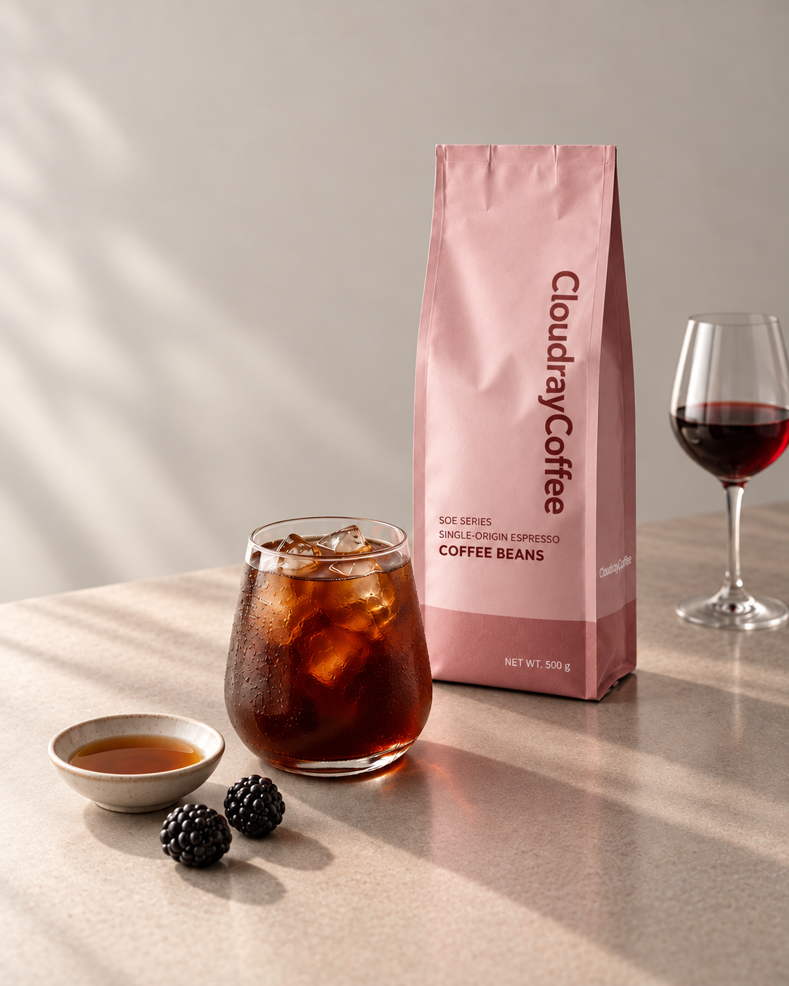 CloudrayCoffee Semisweet SOE with iced coffee, blackberries, syrup and a wine glass