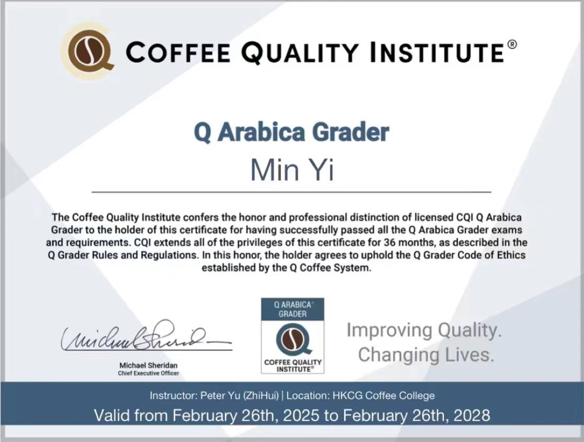 CQI Q Arabica Grader credential for Min Yi