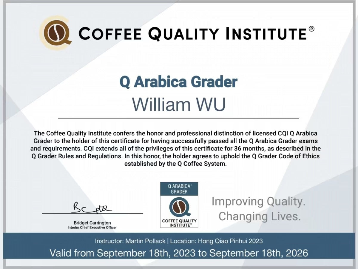CQI Q Arabica Grader credential for William Wu