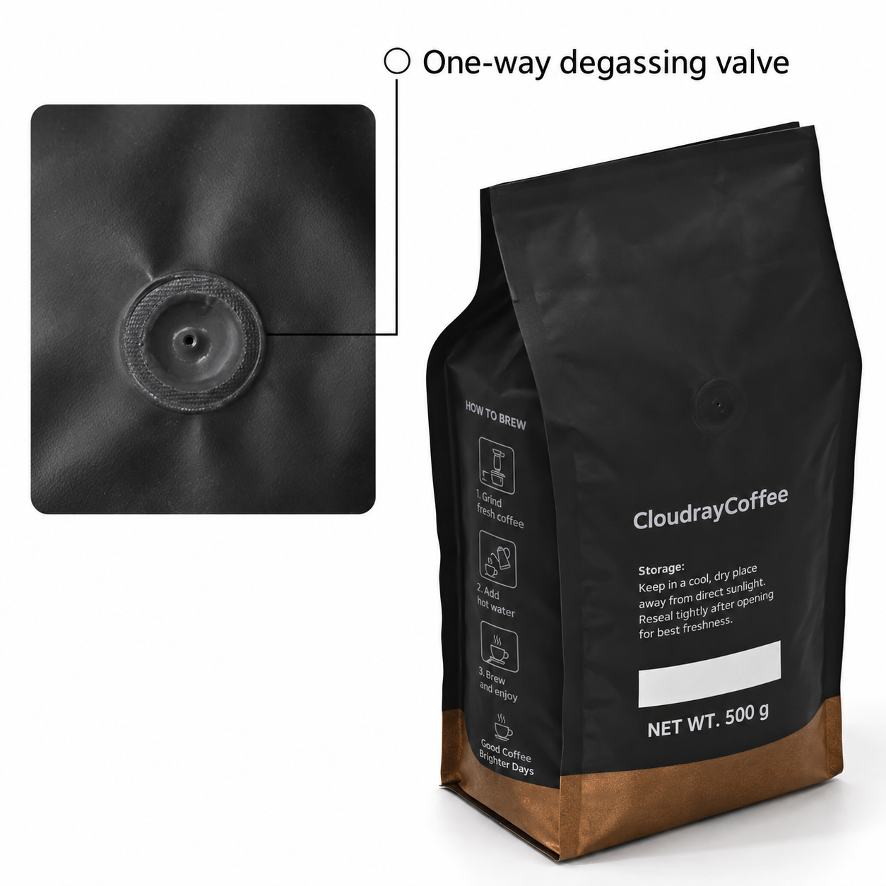 CloudrayCoffee bag with a close-up of its one-way degassing valve